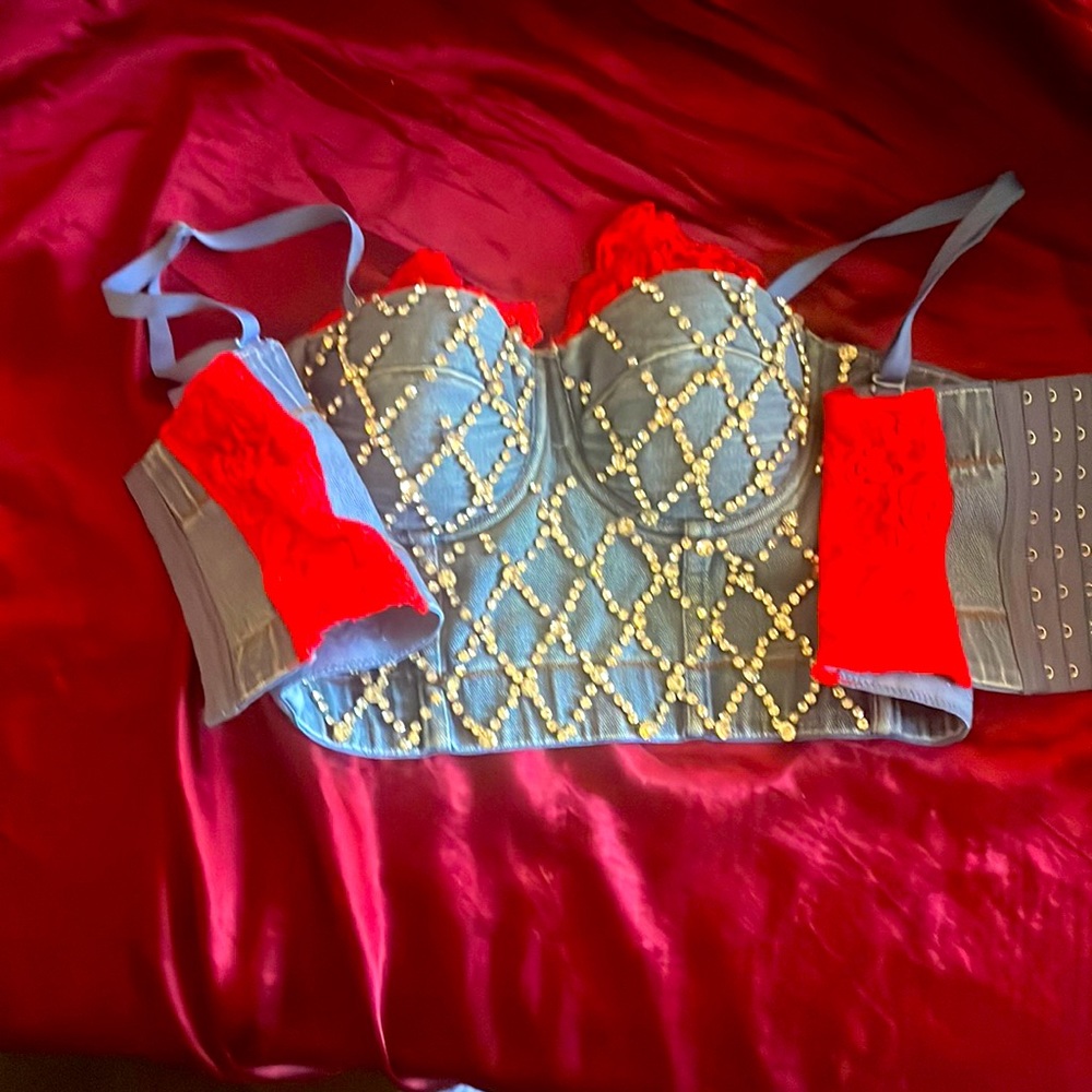 Rhinestone  corset with red lace trim